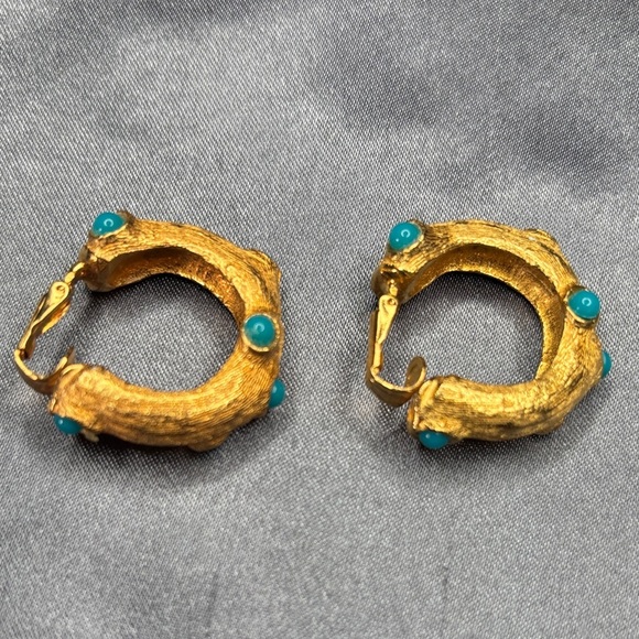 Gold Hoop Earrings with Turquoise Accents - Picture 1 of 1